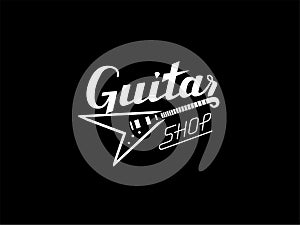 Guitar Shop lettering with electric guitar. Vector logo design for instrument shop