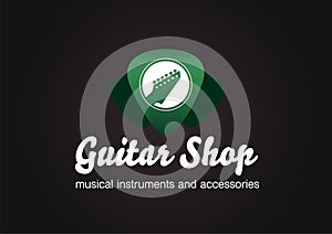 Guitar shop logo. Guitar head in a green transparent plectrum shape