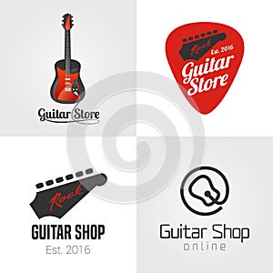 Guitar shop, music store set, collection of vector icon, symbol, emblem, logo, sign