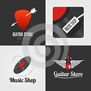 Guitar shop, music store set, collection of vector icon, symbol, emblem, logo, sign