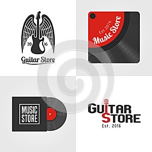 Guitar shop, music store set of vector icon, symbol, emblem, logo