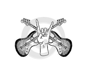 Guitar and Sign of the horns for jazz festival. Hand Drawn grunge sketch with a tattoo or t-shirt or woodcut. Rock and