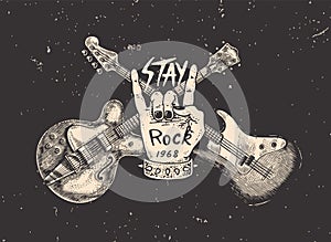 Guitar and Sign of the horns for jazz festival. Hand Drawn grunge sketch with a tattoo or t-shirt or woodcut. Rock
