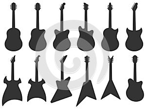 Guitar silhouette. Acoustic Jazz guitars, musical instruments silhouettes and electric rock guitar shape vector set