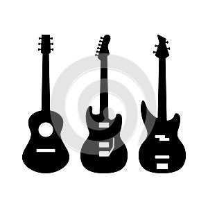 Guitar Silhouettes Acoustic Electric Bass Black Vector Illustration