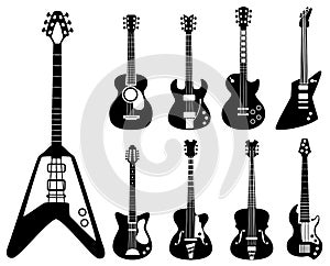 Guitar silhouettes. Musical instruments black symbols acoustic and rock guitars vector set