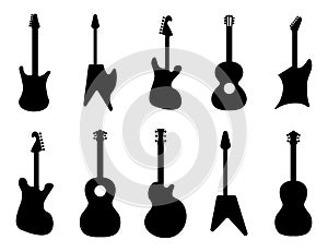 Guitar silhouettes. Rock, acoustic, electric guitars. Black silhouette of rock guitar, illustration of music string