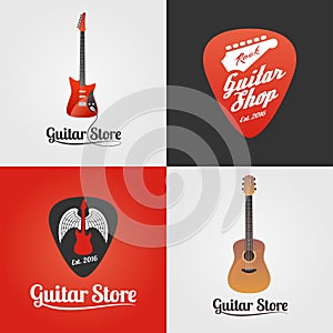 Guitar store, music shop collection of vector icon, symbol, emblem, logo