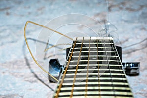 Guitar strings. Music instrument. Musical system. Classical guitar fingerboard