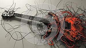 A guitar struggling to keep up with the tempo of the band its strings tangled in a knot from all the headbanging