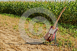 Guitar telecaster in red color against the background of a cornfield