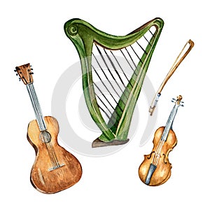 Guitar, violin, harp musical instrument watercolor illustration on white.