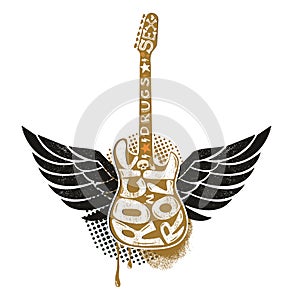 Guitar with wings on grunge background.
