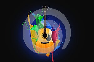 Guitar wood water splash refreshing multicolored waterproof background light abstract musical instrument idea bright sound music