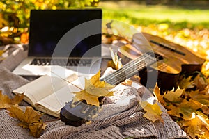 guitar on yellow leaves and laptop