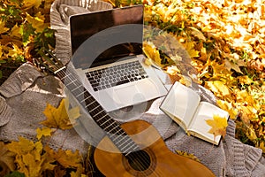 guitar on yellow leaves and laptop