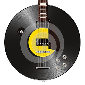 An electric guitar shaped like a vinyl record to symbolize pop rock music.