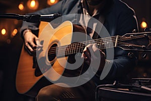 A guitarist with a capo strums an acoustic guitar, performing in front of a microphone.