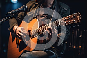 A guitarist with a capo strums an acoustic guitar, performing in front of a microphone.