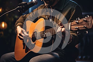 A guitarist with a capo strums an acoustic guitar, performing in front of a microphone.