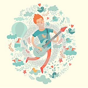 Guitarist, cartoon hipster playing guitar on a colorful background