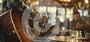 A guitarist performing an intimate acoustic set for a handful of fans in a cozy coffee shop with everyone singing along