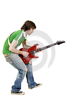 Guitarist playing over white
