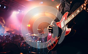 The guitarist\'s presence shines on stage against a softly blurred background.