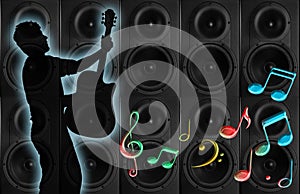 Guitarist, Speakers and Musical Notes