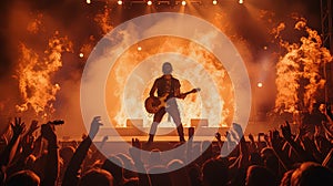 Guitarist on stage with pyrotechnics at rock concert, view from crowd