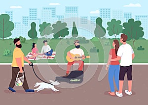 Guitarist on street flat color vector illustration