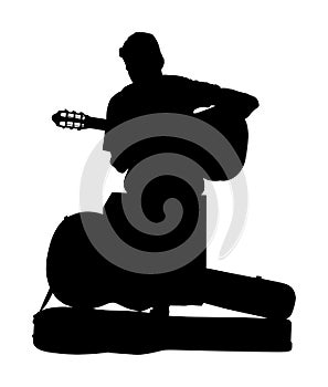 Guitarist vector silhouette illustration isolated on white background. Guitar player music instrument.