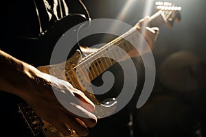 guitarists fingers on fretboard, spotlight on