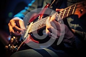 guitarists fingers pressing down on frets, guitar strings in focus