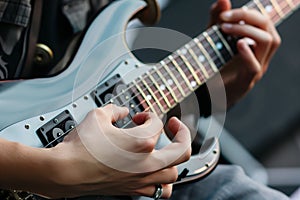 guitarists hands on fretboard