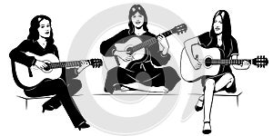 Guitarists Women Trio Silhouettes. Black and white stencil vector clipart.