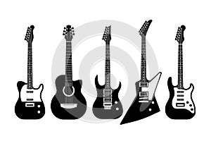 Guitars black and white. Acoustic and electric guitar outline musical instruments, various forms, classic and rock music