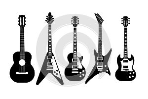 Guitars black and white. Electric and acoustic guitar various forms, outline musical instrument, classic and rock music