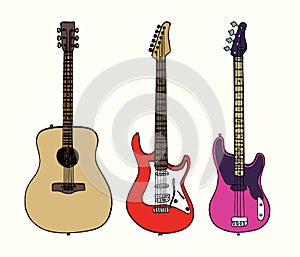 Guitars collection, acoustic, electro and bass guitar, hand drawn doodle gravure vintage style, sketch