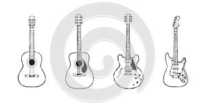 Guitars. Hand Drawn guitars. Guitar types. Hand drawn style. Vector illustration