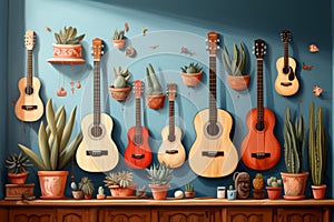 Guitars hang on the blue wall among the many cacti. Cartoon style. Cinco de Mayo holiday background
