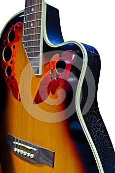 Guitars hanging on white background