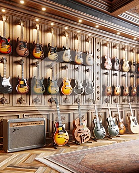 Guitars Music Room Instruments AI Generated Electric Acoustic Playing Display Wall