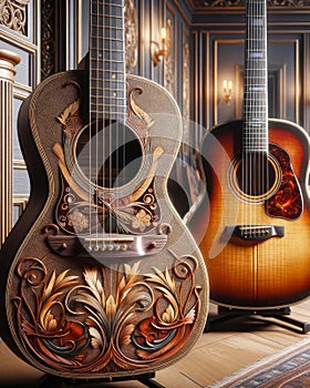 Guitars Music Room Instruments AI Generated Electric Acoustic Playing Display Wall