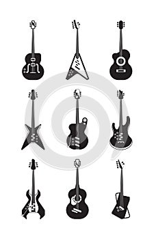 Guitars silhouette set. Acoustic string instruments retro and modern equipment for rock jazz bands form of classical