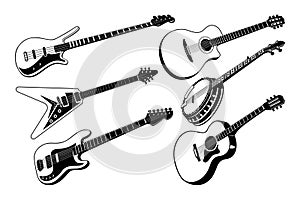 Guitars Silhouette Set. Electric, acoustic guitars and banjo. Vector cliparts