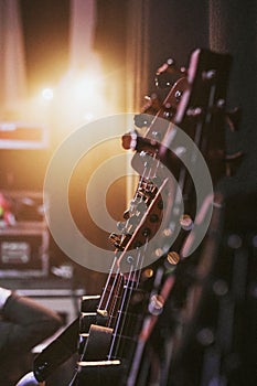 Guitars on a stand backstage