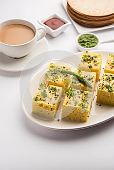 Gujarati Khaman Dhokla or Steamed Gram Flour Puffy Snack Cake