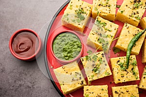 Gujarati Khaman Dhokla or Steamed Gram Flour Puffy Snack Cake