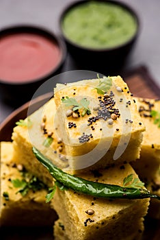 Gujarati Khaman Dhokla or Steamed Gram Flour Puffy Snack Cake